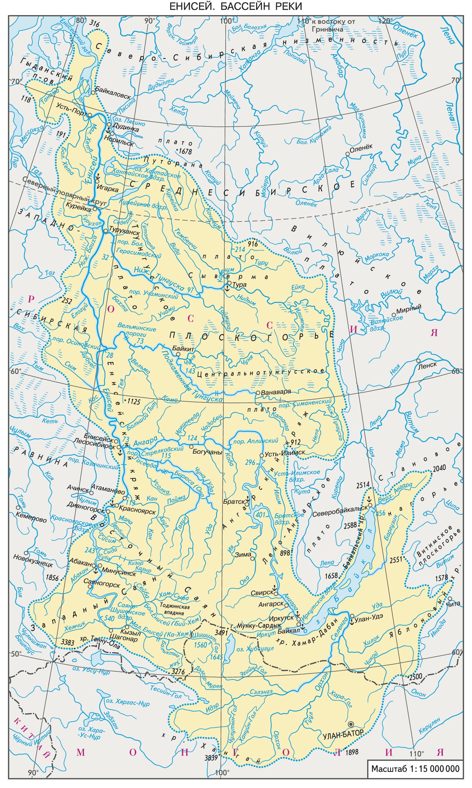 Бассейн реки Енисей на карте